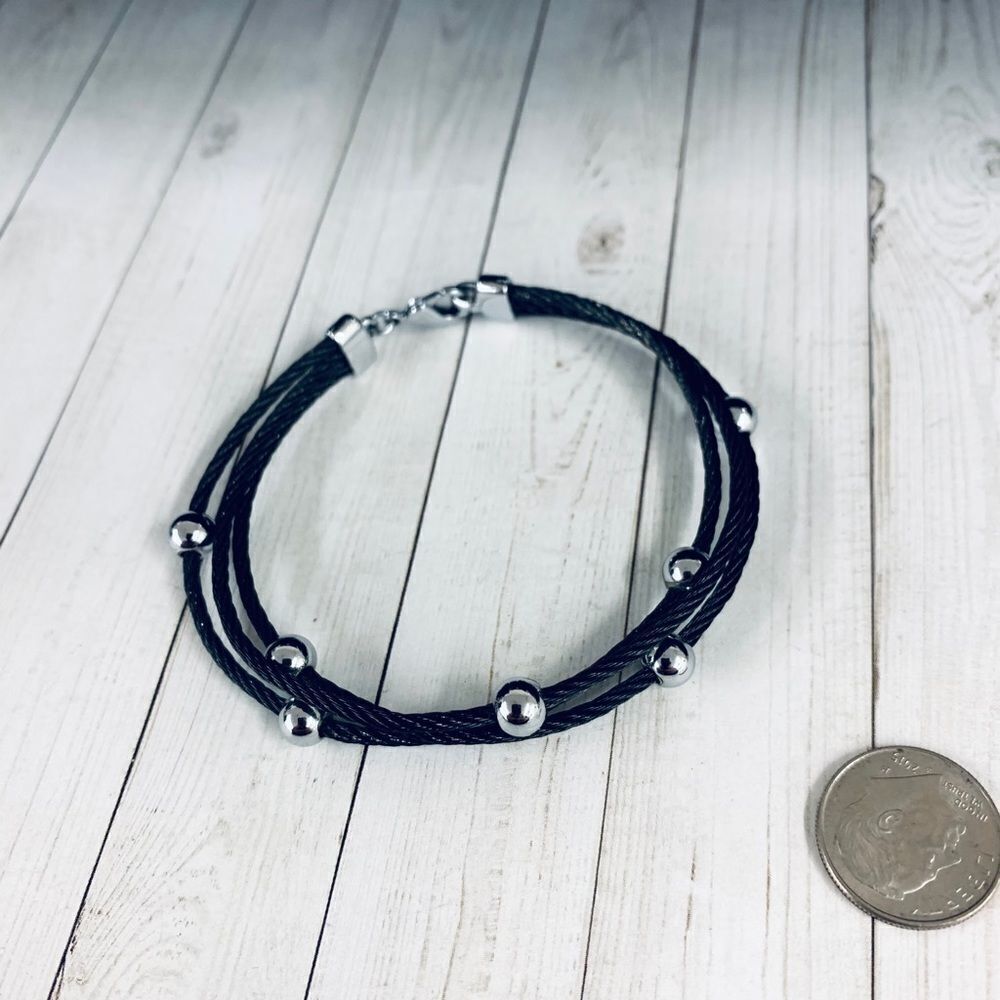 Silver Bead Black Cable Bracelet‎